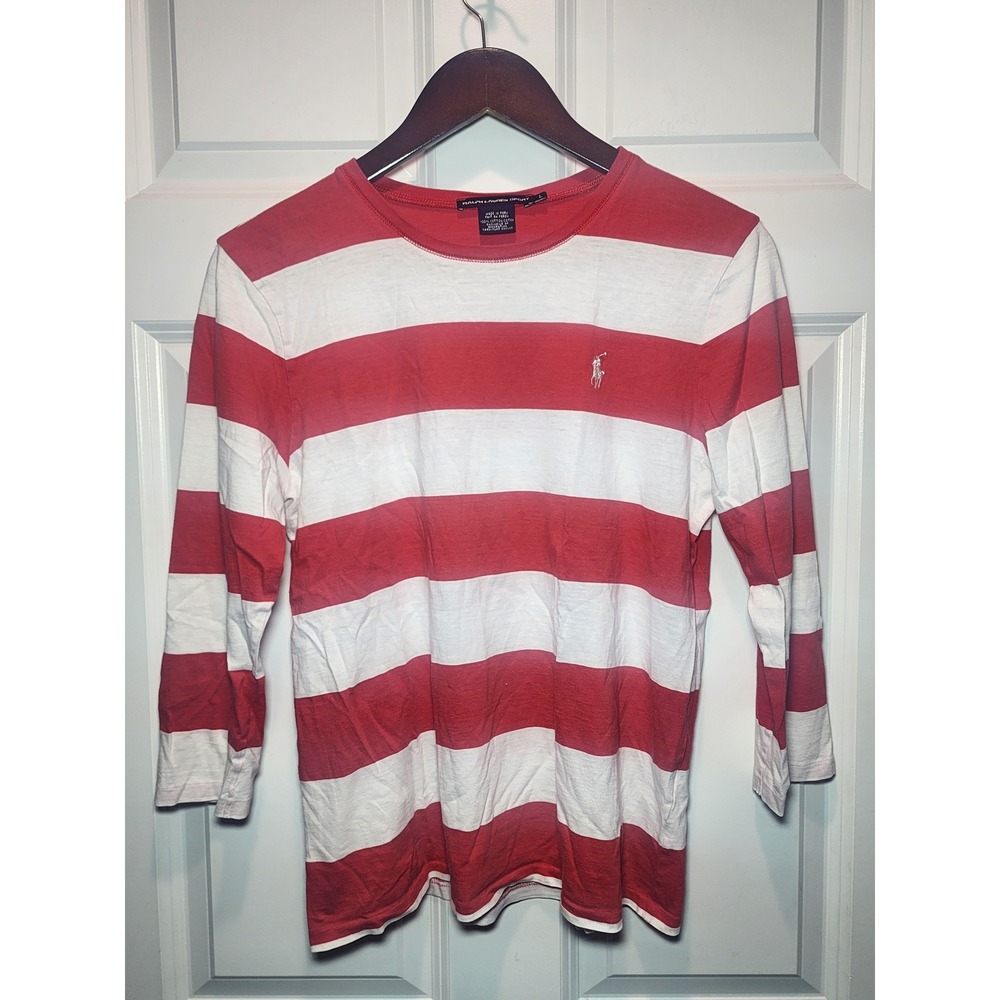 Ralph Lauren Sport Womens Red White Striped Long Sleeve Cotton Tee Shirt Large